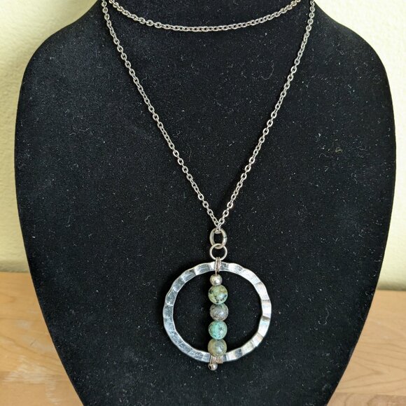 Wire Wrap Hammered Circle Stone Bead Necklace Statement Piece Boho Art to Wear - Picture 1 of 7